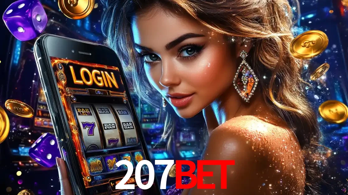 Mulher glamorosa segurando um smartphone com a tela de login para os jogos de caça-níqueis do cassino online 207BET, com moedas de ouro e dados ao redor.