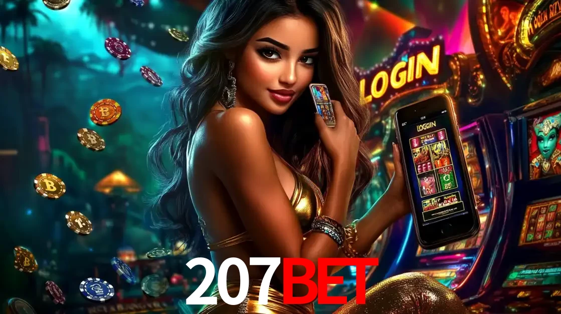 Mulher em um cenário de cassino temático de aventura, mostrando o app de caça-níqueis da 207BET no celular. Fichas de apostas flutuam ao redor.