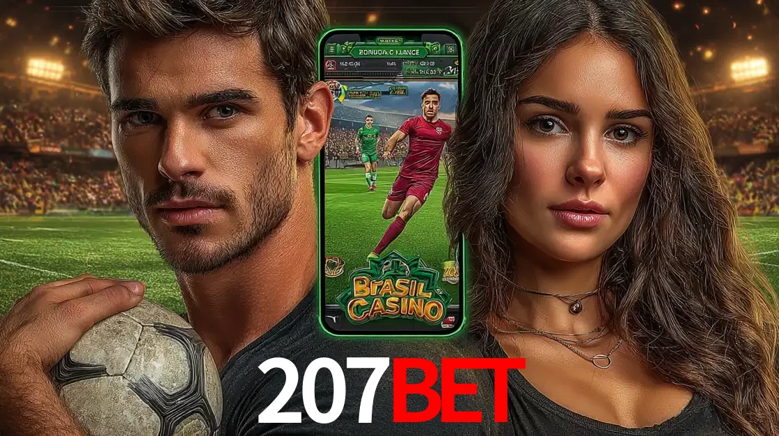 Homem segurando uma bola de futebol e uma mulher ao lado de um smartphone exibindo o jogo de apostas esportivas da 207BET. Faça seu palpite no cassino online.
